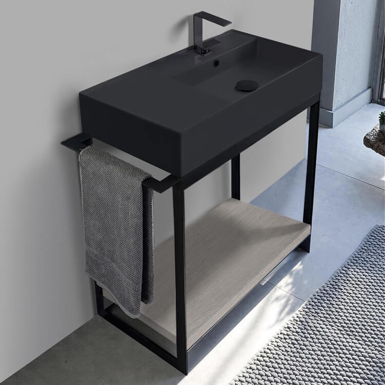 Console Bathroom Vanity, Scarabeo 5118-49-SOL2-88-One Hole, Console Sink Vanity With Matte Black Ceramic Sink and Grey Oak Shelf
